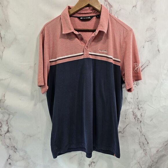 Travis Mathew Shirt Mens Large Navy Blue Pink Golf Polo Pima Stripe Two Tone - Picture 1 of 12